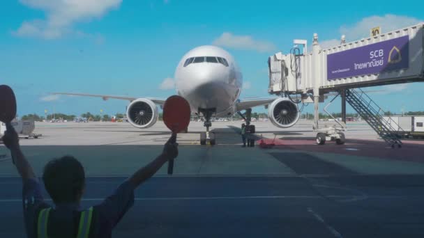 Le superviseur rencontre un avion de passagers à l'aéroport — Video