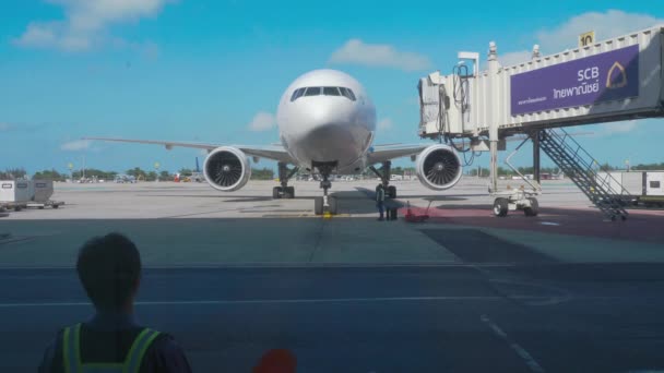 Supervisor se reúne con avión de pasajeros en el aeropuerto — Vídeos de Stock