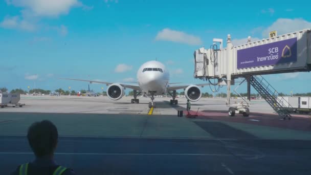Supervisor se reúne con avión de pasajeros en el aeropuerto — Vídeo de stock