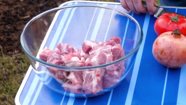 Чоловіки нарізають м'ясо на барбекю — стокове відео
