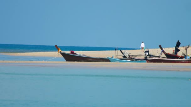 Longtail bateaux de pêche sur la plage — Video