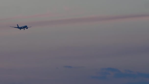 Avião de corpo largo final se aproximando ao pôr do sol — Vídeo de Stock