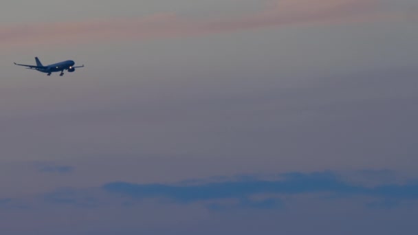 Widebody samolot końcowy zbliża się o zachodzie słońca — Wideo stockowe