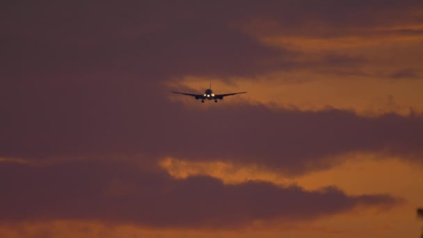 Самолет приближается над океаном на Sunset Backgfround — стоковое видео