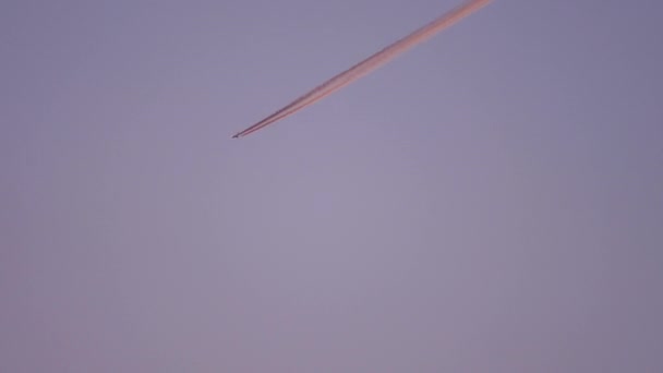 Avión en el cielo, reflejo del sol puesta del sol — Vídeo de stock