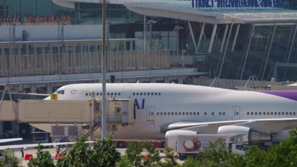 Thai Airways Boeing 747 στη διαδικασία αποβίβασης — Αρχείο Βίντεο