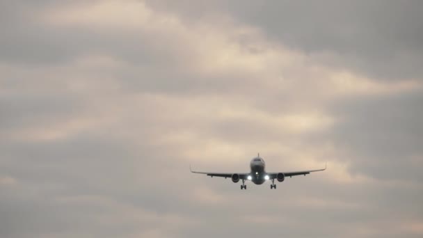 Flygplan på slutlig inflygning. Utsikt från startbanans kant — Stockvideo