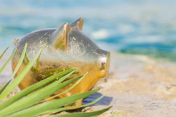 Gold Sparschwein am Sandstrand. Sommerkonzept. Reise — Stockfoto