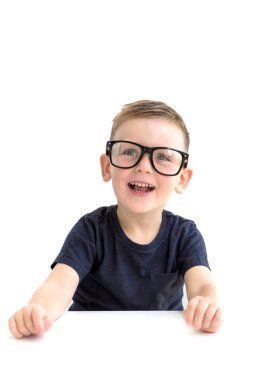 The Boy in the Glasses Isolated on the White Background. Positive emotions clipart