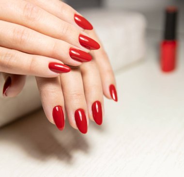 Mükemmel kırmızı manikür. Kadın kavramı çivi. Güzellik Salonu. Arka plan. Kopya alanı