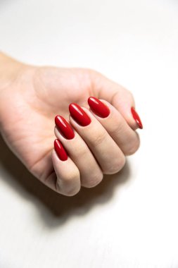 Mükemmel kırmızı manikür. Kadın kavramı çivi. Güzellik Salonu. Arka plan. Kopya alanı