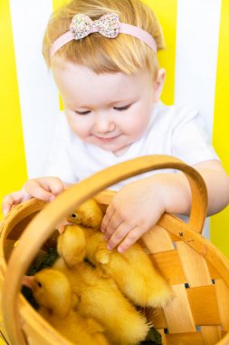 Ördek Civciv ile Bir Kız Parlak Portre. Çocukların Hayvanlara Sevgisi