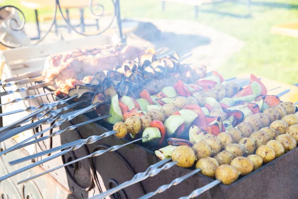 Fleisch mit Gemüse am Spieß. b-b-q. Sommerkonzept — Stockfoto