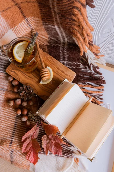 Осенний натюрморт с чаем с лимоном и медом. Дневник для записей — стоковое фото