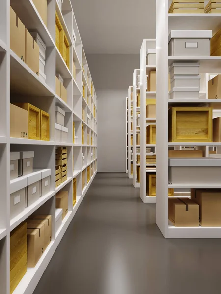 Warehouse Interior Rows Shelves Boxes — Stock Photo, Image