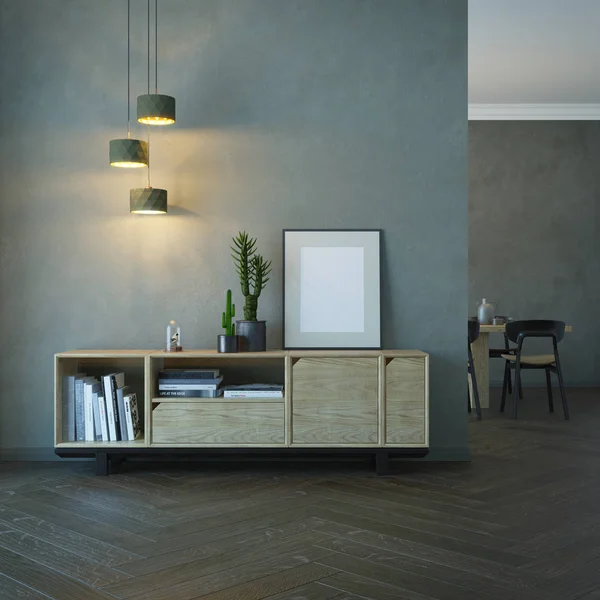 Wohnzimmerausstattung mit Holzanrichte, 3D-Rendering — Stockfoto