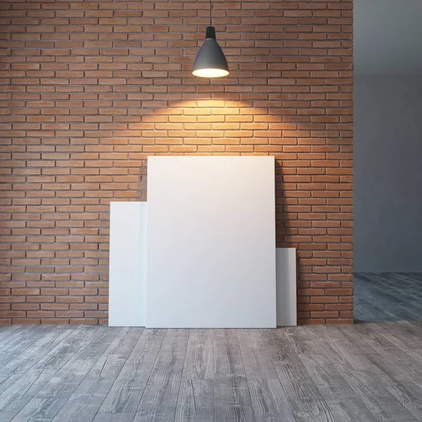 Stanza vuota con muro di mattoni e illuminazione, rendering 3d — Foto Stock