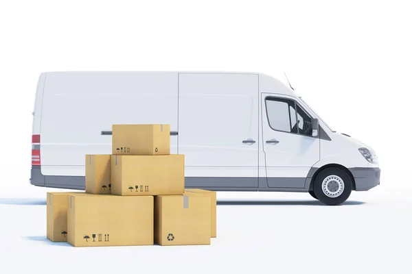 Delivery Van Paper Boxes White Background Illustration — Stock Photo, Image