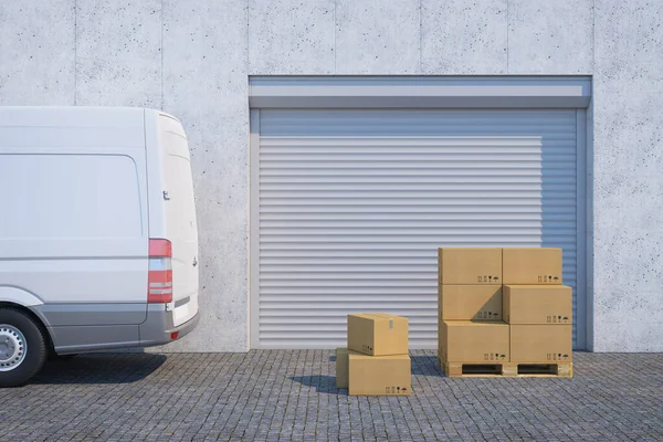 delivery van with a paper boxes near warehouse, 3d rendering
