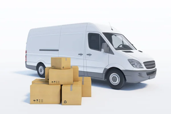 Delivery Van Paper Boxes White Background — Stock Photo, Image