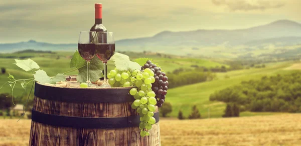 Vin Rouge Avec Tonneau Sur Vignoble Toscane Verte Italie — Photo