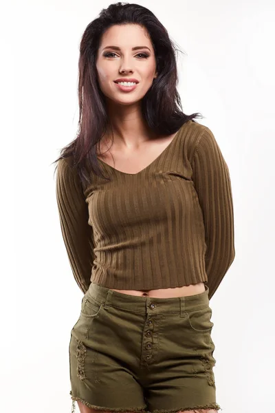 Attractive Young Brunette Woman Model Wearing Stylish Army Green One — Stock Photo, Image