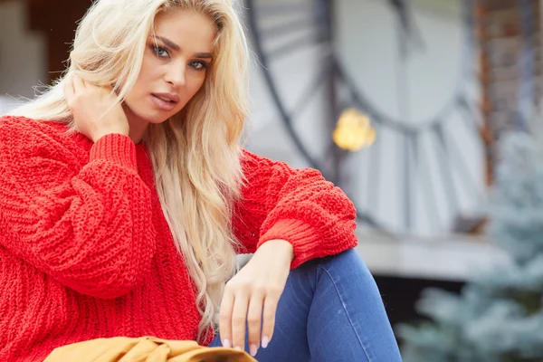 Mooie Jonge Blonde Vrouw Tijd Doorbrengen Herfst Scène — Stockfoto