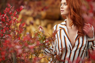 Sonbahar sahne sıcak güneşli hava sonbahar kadında. Güz konsepti