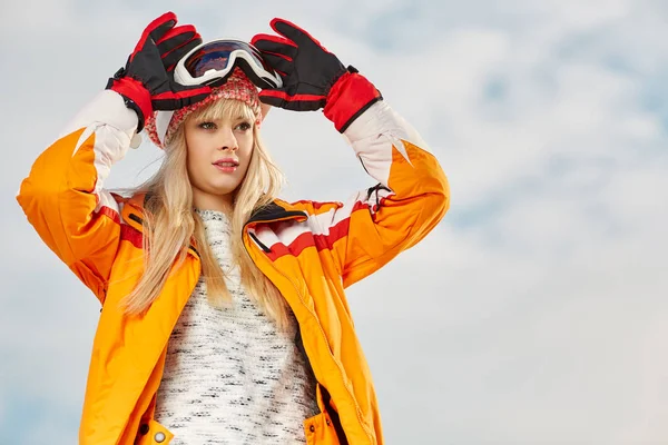 Picture Happy Young Lady Snowboarder — Stock Photo, Image