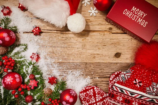 Weihnachtsgeschenke Dekoration Auf Antiken Rustikalen Holzgrund Von Oben Blick Nach — Stockfoto