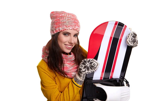 Uma Mulher Bonita Com Snowboard Estúdio — Fotografia de Stock