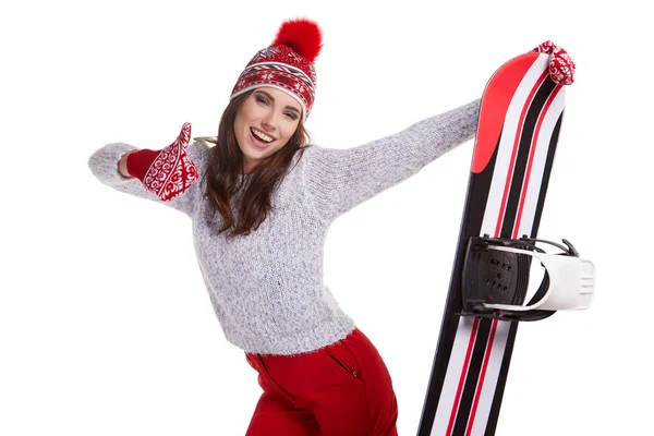 Una Hermosa Mujer Con Una Tabla Snowboard Estudio — Foto de Stock