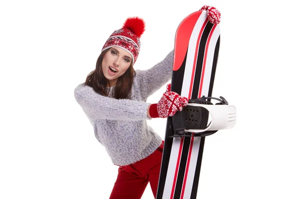 Una Hermosa Mujer Con Una Tabla Snowboard Estudio — Foto de Stock