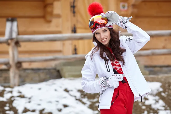 Female Snowboarder Standing Snowboard Winter Resort — Stock Photo, Image