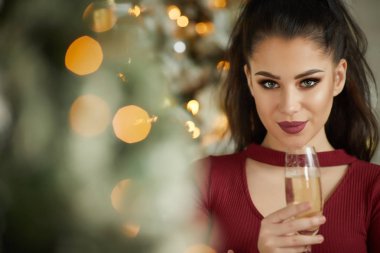 gülümseyen kadın holding kadeh köpüklü şarap 
