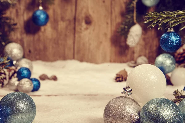 Rustik Ahşap Arka Plan Vintage Retro Tarzı Üzerinde Noel Süsleri — Stok fotoğraf