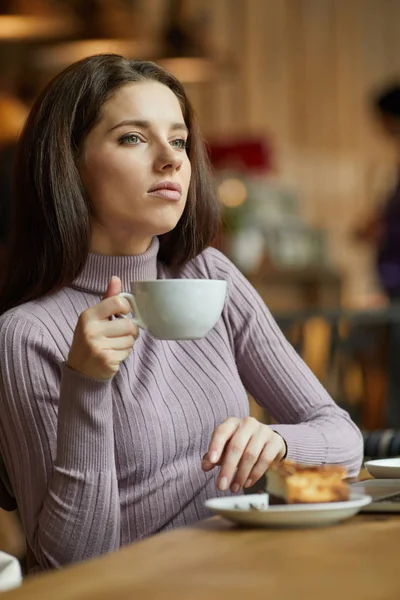 Schöne Brünette Mit Laptop Café Arbeitskonzept Für Blogger — Stockfoto