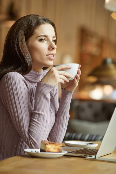 Linda Morena Usando Laptop Café Conceito Trabalho Blogueiro — Fotografia de Stock