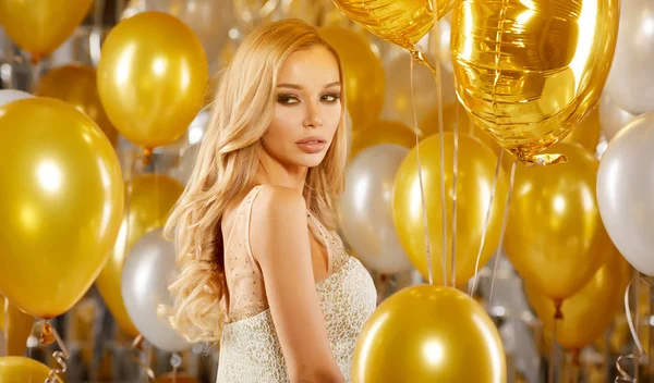 Portrait Blond Young Woman Golden Balloons Ribbons Sweet Smile — Stock Photo, Image