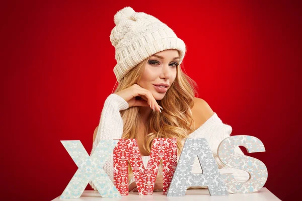 X-mas woman over red background