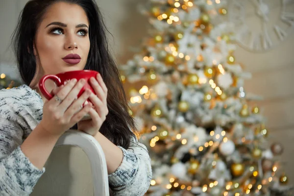 Weihnachten Schöne Lächelnde Frau Modell Make Gesunde Lange Frisur Elegante — Stockfoto