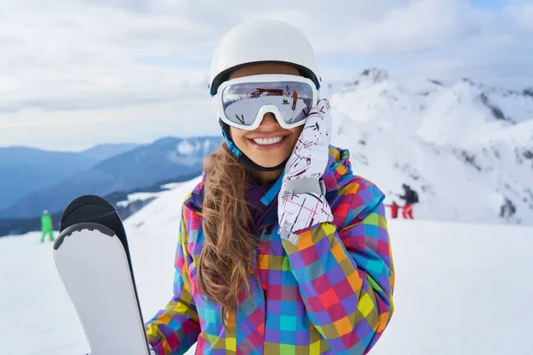 Happy Young Woman Skier Enjoying Sunny Weather Alps Stock Photo — Stock Photo, Image