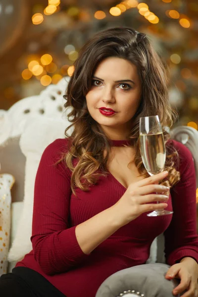 Beautiful Girl Evening Dress Sitting Christmas Decoration Background Glass Wine — Stock Photo, Image