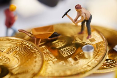 Küçük bir madenci altın sikke ile grafik kartı eşeliyor. Bitcoin madenciliği ve kripto para birimi kavramı. 