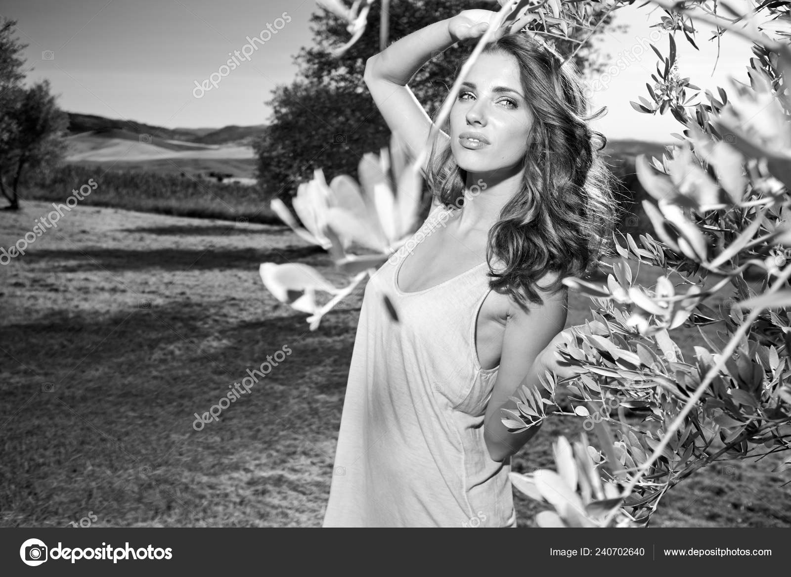 Beautiful Fashion Model Woman Olive Garden Tuscan Italy Stock