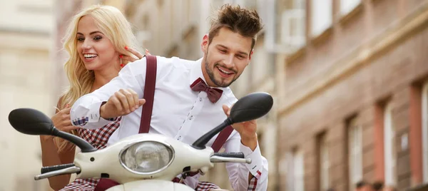 Fun Ride Beautiful Young Couple Riding Scooter Together While Happy — Stock Photo, Image