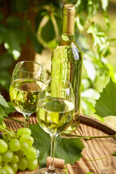 Uva Vino Bianco Botte Legno Sulla Terrazza Del Giardino — Foto Stock