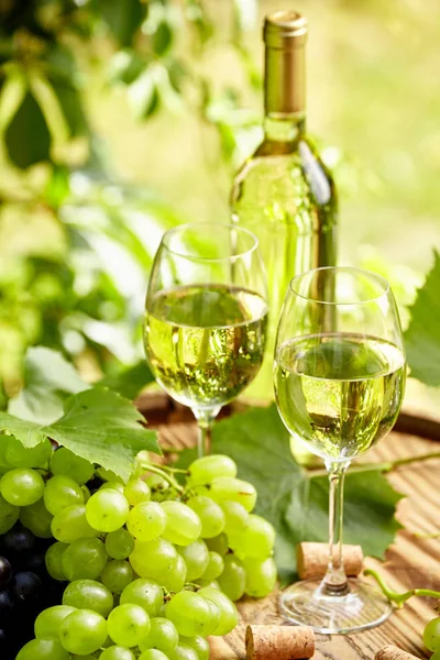 Trauben Und Weißwein Holzfass Auf Der Gartenterrasse — Stockfoto