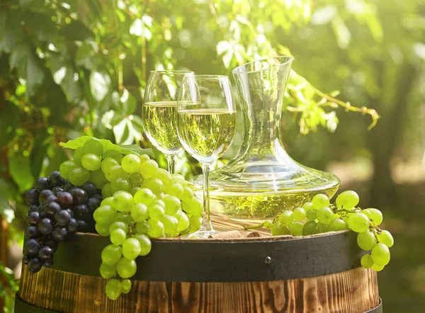 Trauben Und Weißwein Holzfass Auf Der Gartenterrasse — Stockfoto