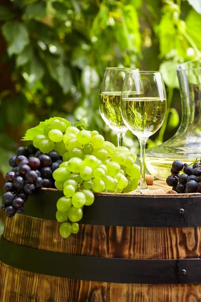 Uva Vino Bianco Botte Legno Sulla Terrazza Del Giardino — Foto Stock